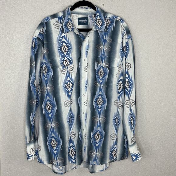 Vintage Wrangler Shirt Mens 2XL XXL Blue Short Sleeve Pearl Snap Aztec Southwest - Picture 2 of 7